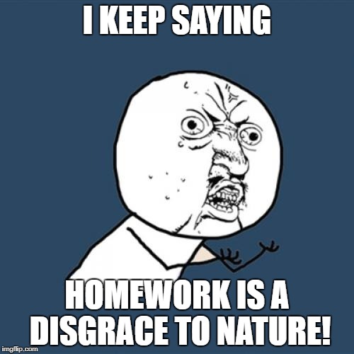 Y U No | I KEEP SAYING; HOMEWORK IS A DISGRACE TO NATURE! | image tagged in memes,y u no | made w/ Imgflip meme maker