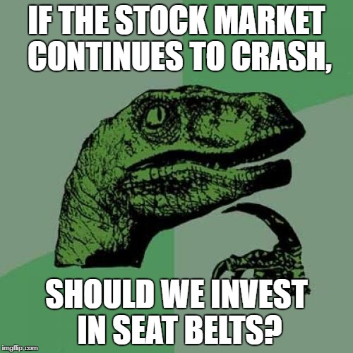 Philosoraptor of Wallstreet |  IF THE STOCK MARKET CONTINUES TO CRASH, SHOULD WE INVEST IN SEAT BELTS? | image tagged in memes,philosoraptor,stock market,stock crash,economy,politics | made w/ Imgflip meme maker