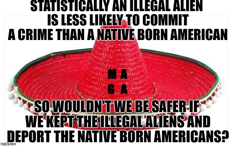 maga
 | STATISTICALLY AN ILLEGAL ALIEN IS LESS LIKELY TO COMMIT A CRIME THAN A NATIVE BORN AMERICAN; SO WOULDN'T WE BE SAFER IF WE KEPT THE ILLEGAL ALIENS AND DEPORT THE NATIVE BORN AMERICANS? | image tagged in maga,illegals,illegal alien,immigrant crime | made w/ Imgflip meme maker