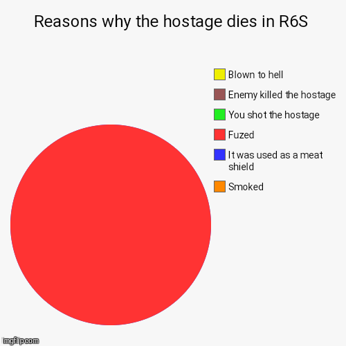Reasons why the hostage dies in R6S | Smoked , It was used as a meat shield , Fuzed, You shot the hostage , Enemy killed the hostage , Blown | image tagged in funny,pie charts | made w/ Imgflip chart maker