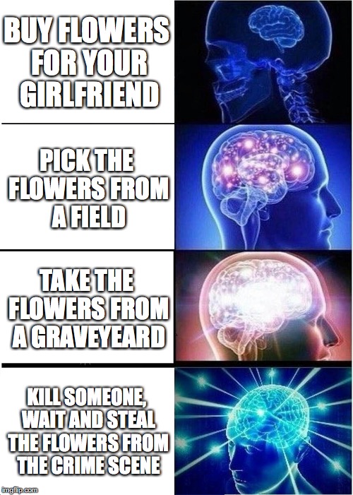 Expanding Brain Meme | BUY FLOWERS FOR YOUR GIRLFRIEND; PICK THE FLOWERS FROM A FIELD; TAKE THE FLOWERS FROM A GRAVEYEARD; KILL SOMEONE, WAIT AND STEAL THE FLOWERS FROM THE CRIME SCENE | image tagged in memes,expanding brain | made w/ Imgflip meme maker