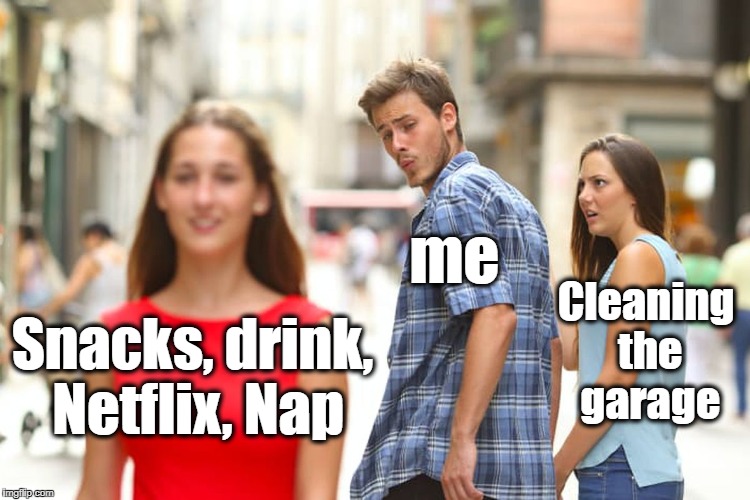 Yep, pretty much! lol | me; Cleaning the garage; Snacks, drink, Netflix, Nap | image tagged in memes,distracted boyfriend | made w/ Imgflip meme maker