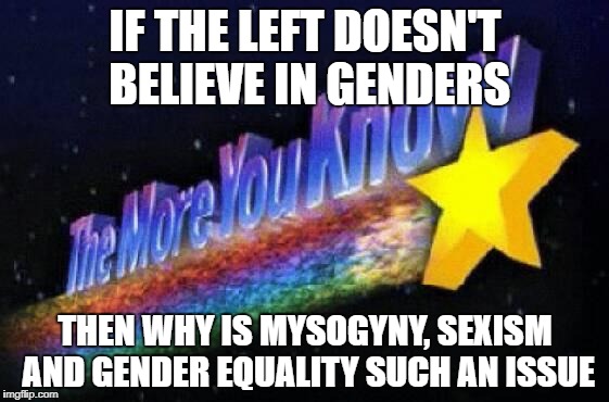 The more you know | IF THE LEFT DOESN'T BELIEVE IN GENDERS; THEN WHY IS MYSOGYNY, SEXISM AND GENDER EQUALITY SUCH AN ISSUE | image tagged in the more you know | made w/ Imgflip meme maker