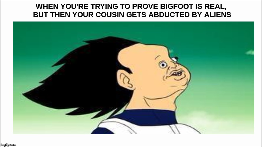 big alien | WHEN YOU'RE TRYING TO PROVE BIGFOOT IS REAL, BUT THEN YOUR COUSIN GETS ABDUCTED BY ALIENS | image tagged in dank memes,aliens,dragon ball z | made w/ Imgflip meme maker