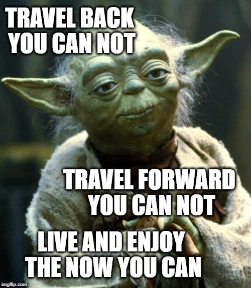 Star Wars Yoda Meme | TRAVEL BACK YOU CAN NOT LIVE AND ENJOY THE NOW YOU CAN TRAVEL FORWARD YOU CAN NOT | image tagged in memes,star wars yoda | made w/ Imgflip meme maker