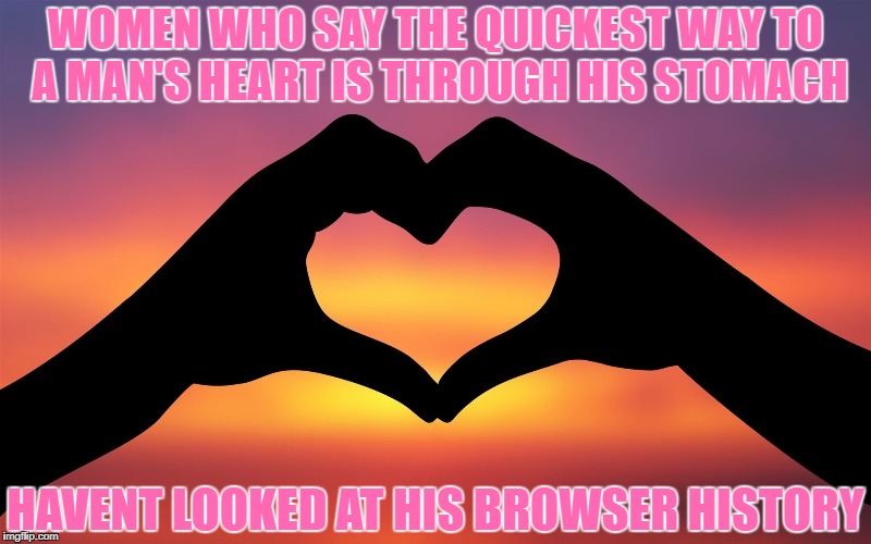 Valentine's gift | WOMEN WHO SAY THE QUICKEST WAY TO A MAN'S HEART IS THROUGH HIS STOMACH; HAVENT LOOKED AT HIS BROWSER HISTORY | image tagged in valentine's gift,funny,funny memes,memes,valentine's day | made w/ Imgflip meme maker