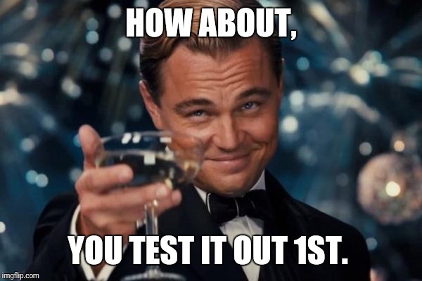 Leonardo Dicaprio Cheers Meme | HOW ABOUT, YOU TEST IT OUT 1ST. | image tagged in memes,leonardo dicaprio cheers | made w/ Imgflip meme maker
