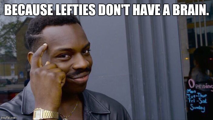 Roll Safe Think About It Meme | BECAUSE LEFTIES DON'T HAVE A BRAIN. | image tagged in memes,roll safe think about it | made w/ Imgflip meme maker