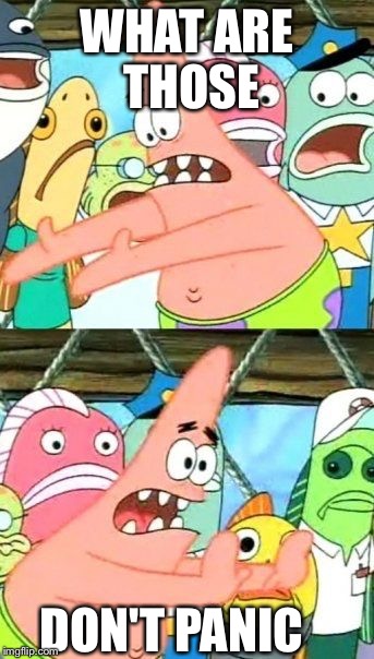 Put It Somewhere Else Patrick Meme | WHAT ARE THOSE; DON'T PANIC | image tagged in memes,put it somewhere else patrick | made w/ Imgflip meme maker