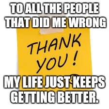 thank you | TO ALL THE PEOPLE THAT DID ME WRONG; MY LIFE JUST KEEPS GETTING BETTER. | image tagged in thank you | made w/ Imgflip meme maker
