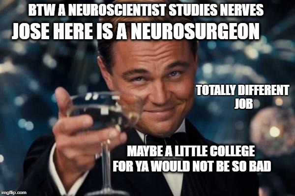 Leonardo Dicaprio Cheers Meme | BTW A NEUROSCIENTIST STUDIES NERVES JOSE HERE IS A NEUROSURGEON MAYBE A LITTLE COLLEGE FOR YA WOULD NOT BE SO BAD TOTALLY DIFFERENT JOB | image tagged in memes,leonardo dicaprio cheers | made w/ Imgflip meme maker