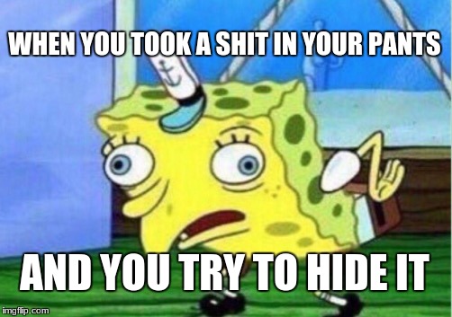 Mocking Spongebob Meme | WHEN YOU TOOK A SHIT IN YOUR PANTS; AND YOU TRY TO HIDE IT | image tagged in memes,mocking spongebob | made w/ Imgflip meme maker