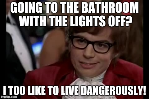 I Too Like To Live Dangerously | GOING TO THE BATHROOM WITH THE LIGHTS OFF? I TOO LIKE TO LIVE DANGEROUSLY! | image tagged in memes,i too like to live dangerously | made w/ Imgflip meme maker