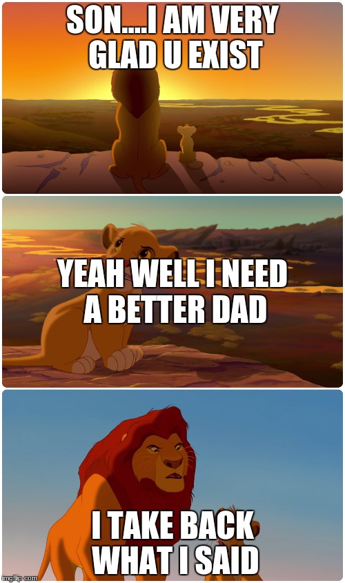 Lion King Meme | SON....I AM VERY GLAD U EXIST; YEAH WELL I NEED A BETTER DAD; I TAKE BACK WHAT I SAID | image tagged in lion king meme | made w/ Imgflip meme maker