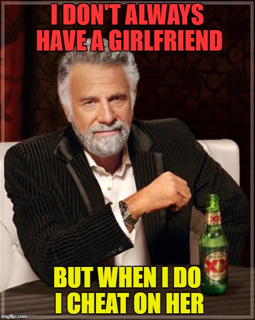 The Most Interesting Man In The World Meme | I DON'T ALWAYS HAVE A GIRLFRIEND BUT WHEN I DO I CHEAT ON HER | image tagged in memes,the most interesting man in the world | made w/ Imgflip meme maker