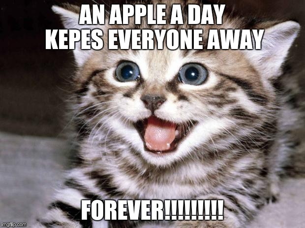 Uber Cute Cat | AN APPLE A DAY KEPES EVERYONE AWAY; FOREVER!!!!!!!!! | image tagged in uber cute cat | made w/ Imgflip meme maker