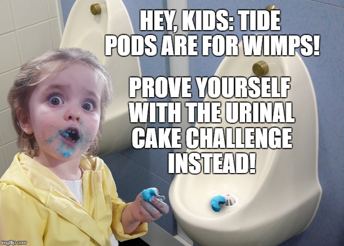 Oh, please! Urinal cakes are for weenies! | HEY, KIDS: TIDE PODS ARE FOR WIMPS! PROVE YOURSELF WITH THE URINAL CAKE CHALLENGE INSTEAD! | image tagged in urinal cake,tide pods | made w/ Imgflip meme maker