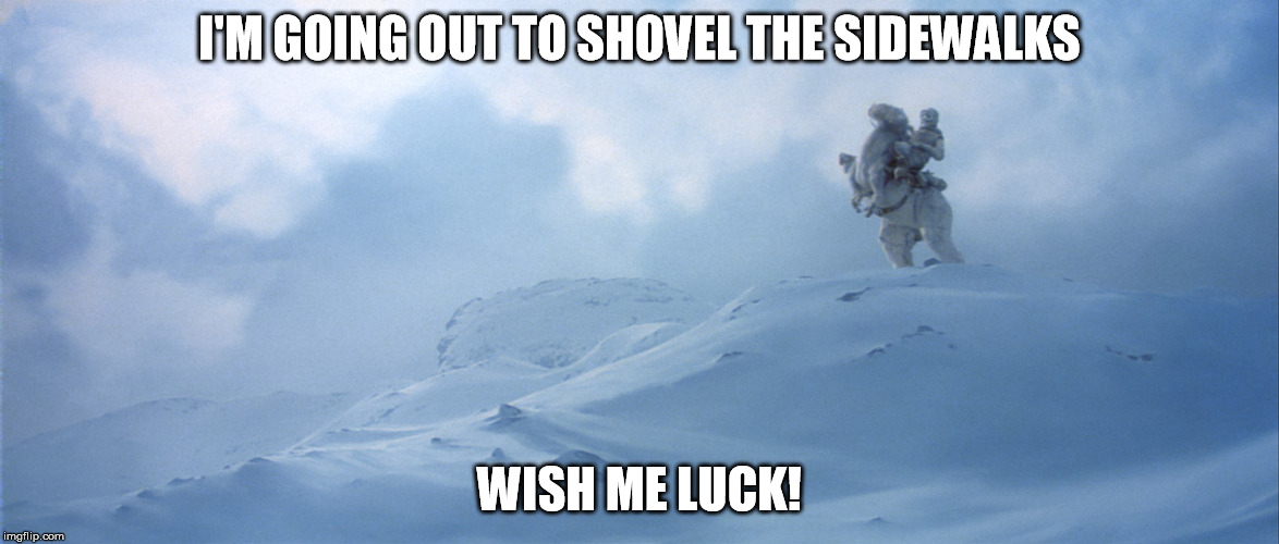 hoth | I'M GOING OUT TO SHOVEL THE SIDEWALKS; WISH ME LUCK! | image tagged in hoth,snow,snowjoke,snowpocalypse,snowstorm | made w/ Imgflip meme maker