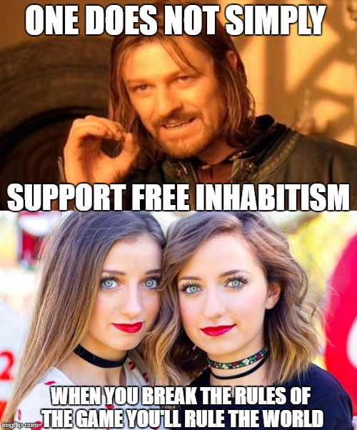  ONE DOES NOT SIMPLY; SUPPORT FREE INHABITISM; WHEN YOU BREAK THE RULES OF THE GAME YOU'LL RULE THE WORLD | image tagged in brooklyn and bailey,one does not simply,music | made w/ Imgflip meme maker