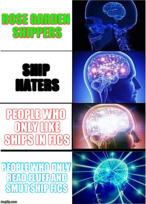 Expanding Brain Meme | ROSE GARDEN SHIPPERS; SHIP HATERS; PEOPLE WHO ONLY LIKE SHIPS IN FICS; PEOPLE WHO ONLY READ FLUFF AND SMUT SHIP FICS | image tagged in memes,expanding brain | made w/ Imgflip meme maker