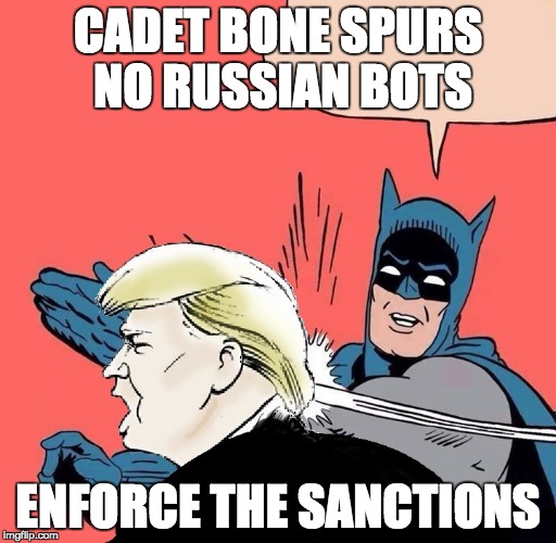 Batman slaps Trump |  CADET BONE SPURS NO RUSSIAN BOTS; ENFORCE THE SANCTIONS | image tagged in batman slaps trump | made w/ Imgflip meme maker