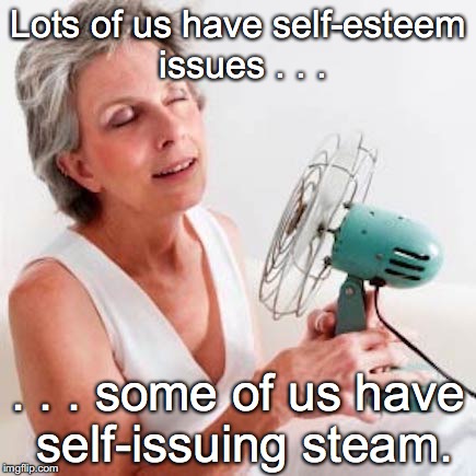 Dis ol' lady be fannin'! | Lots of us have self-esteem issues . . . . . . some of us have self-issuing steam. | image tagged in hot flash | made w/ Imgflip meme maker