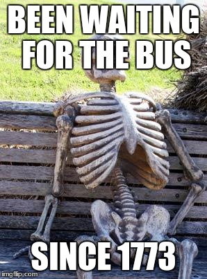 Waiting Skeleton | BEEN WAITING FOR THE BUS; SINCE 1773 | image tagged in memes,waiting skeleton | made w/ Imgflip meme maker
