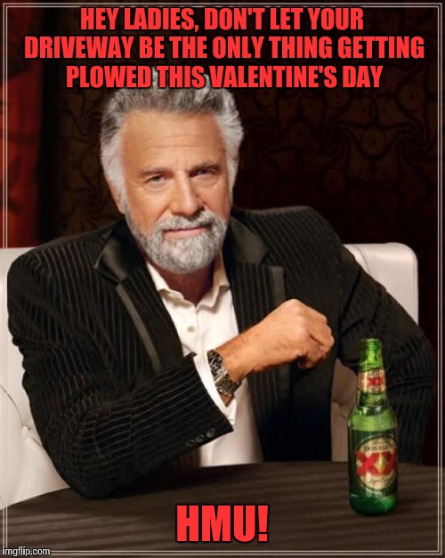 The Most Interesting Man In The World | HEY LADIES, DON'T LET YOUR DRIVEWAY BE THE ONLY THING GETTING PLOWED THIS VALENTINE'S DAY; HMU! | image tagged in memes,the most interesting man in the world | made w/ Imgflip meme maker