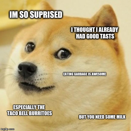 Doge Meme | IM SO SUPRISED; I THOUGHT I ALREADY HAD GOOD TASTS; EATING GARBAGE IS AWESOME; ESPECIALLY THE TACO BELL BURRITOES; BUT YOU NEED SOME MILK | image tagged in memes,doge | made w/ Imgflip meme maker