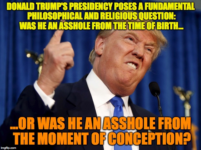 Donald Trump mad | DONALD TRUMP'S PRESIDENCY POSES A FUNDAMENTAL PHILOSOPHICAL AND RELIGIOUS QUESTION: WAS HE AN ASSHOLE FROM THE TIME OF BIRTH... ...OR WAS HE AN ASSHOLE FROM THE MOMENT OF CONCEPTION? | image tagged in donald trump mad | made w/ Imgflip meme maker