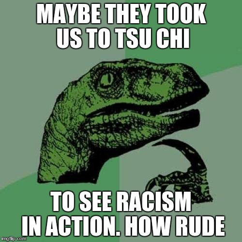 Philosoraptor Meme | MAYBE THEY TOOK US TO TSU CHI; TO SEE RACISM IN ACTION. HOW RUDE | image tagged in memes,philosoraptor | made w/ Imgflip meme maker