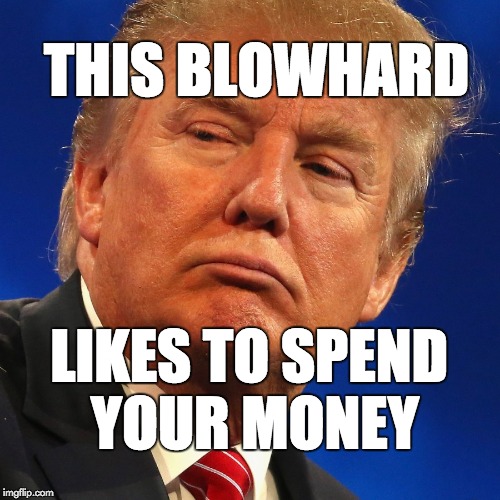 This blowhard likes to spend your money. | THIS BLOWHARD; LIKES TO SPEND YOUR MONEY | image tagged in trump,donaldtrump,money,conman,child president | made w/ Imgflip meme maker