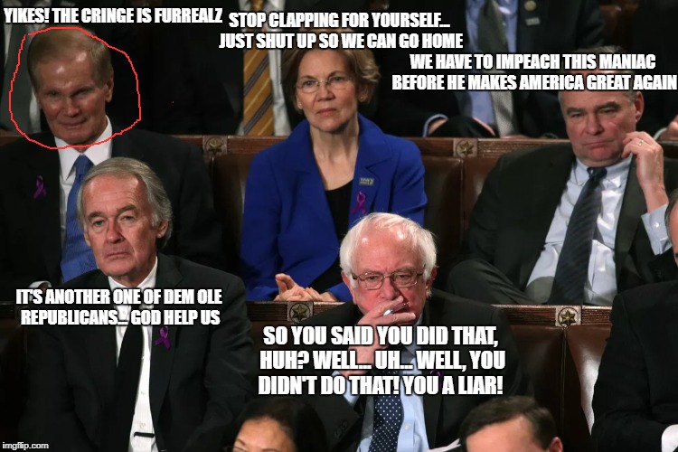 democrat reaction translator! | STOP CLAPPING FOR YOURSELF... JUST SHUT UP SO WE CAN GO HOME; YIKES! THE CRINGE IS FURREALZ; WE HAVE TO IMPEACH THIS MANIAC BEFORE HE MAKES AMERICA GREAT AGAIN; IT'S ANOTHER ONE OF DEM OLE REPUBLICANS... GOD HELP US; SO YOU SAID YOU DID THAT, HUH? WELL... UH... WELL, YOU DIDN'T DO THAT! YOU A LIAR! | image tagged in state of the union,democrats | made w/ Imgflip meme maker