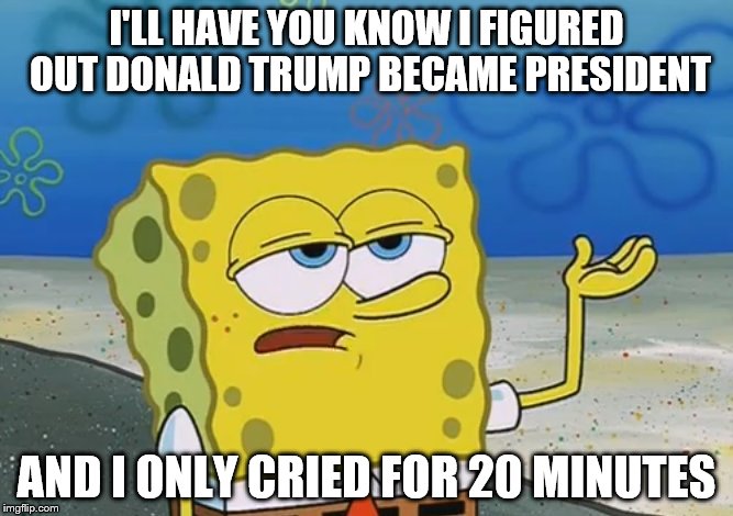 I'LL HAVE YOU KNOW I FIGURED OUT DONALD TRUMP BECAME PRESIDENT; AND I ONLY CRIED FOR 20 MINUTES | image tagged in ill have you know spongebob | made w/ Imgflip meme maker