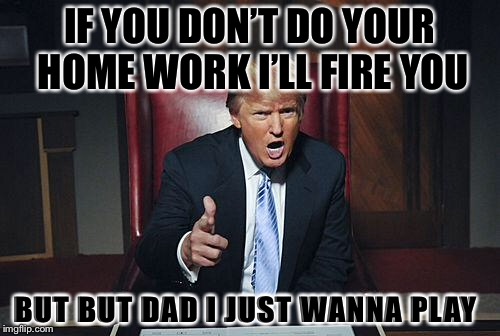 Donald Trump You're Fired | IF YOU DON’T DO YOUR HOME WORK I’LL FIRE YOU; BUT BUT DAD I JUST WANNA PLAY | image tagged in donald trump you're fired | made w/ Imgflip meme maker