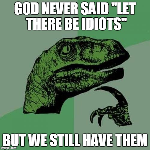 Philosoraptor Meme | GOD NEVER SAID "LET THERE BE IDIOTS"; BUT WE STILL HAVE THEM | image tagged in memes,philosoraptor | made w/ Imgflip meme maker