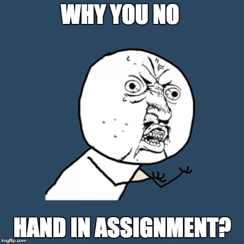 Y U No Meme | WHY YOU NO; HAND IN ASSIGNMENT? | image tagged in memes,y u no | made w/ Imgflip meme maker