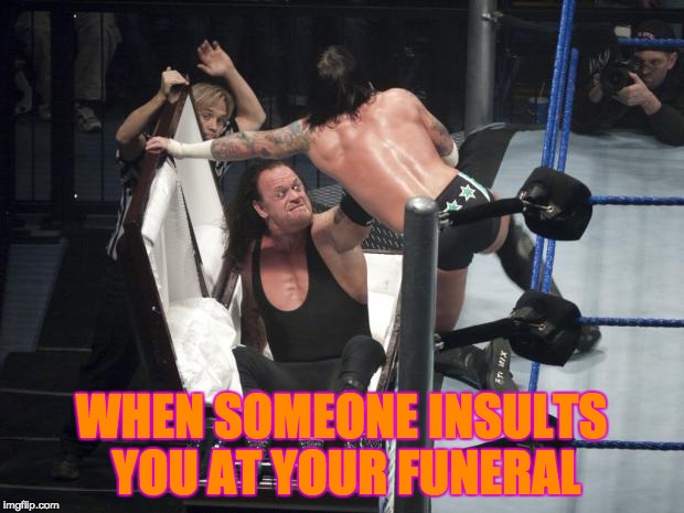 WWE  Undertaker | WHEN SOMEONE INSULTS YOU AT YOUR FUNERAL | image tagged in wwe  undertaker | made w/ Imgflip meme maker