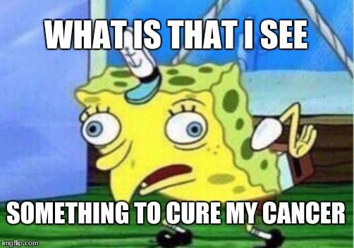 Mocking Spongebob Meme | WHAT IS THAT I SEE; SOMETHING TO CURE MY CANCER | image tagged in memes,mocking spongebob | made w/ Imgflip meme maker