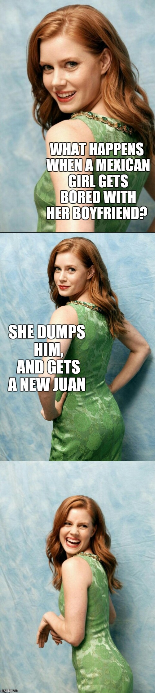 Amy Adams joke template | WHAT HAPPENS WHEN A MEXICAN GIRL GETS BORED WITH HER BOYFRIEND? SHE DUMPS HIM, AND GETS A NEW JUAN | image tagged in amy adams joke template,jbmemegeek,amy adams,bad puns,mexican,mexicans | made w/ Imgflip meme maker