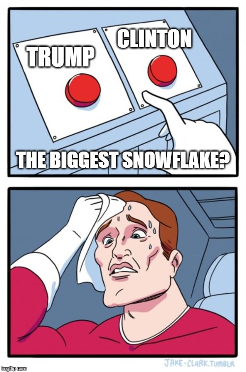 Two Buttons - Who's the bigger snowflake? | CLINTON; TRUMP; THE BIGGEST SNOWFLAKE? | image tagged in memes,two buttons,trump,president trump,hillary,hillary clinton | made w/ Imgflip meme maker