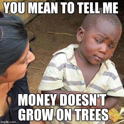 Third World Skeptical Kid Meme | YOU MEAN TO TELL ME; MONEY DOESN'T GROW ON TREES | image tagged in memes,third world skeptical kid | made w/ Imgflip meme maker