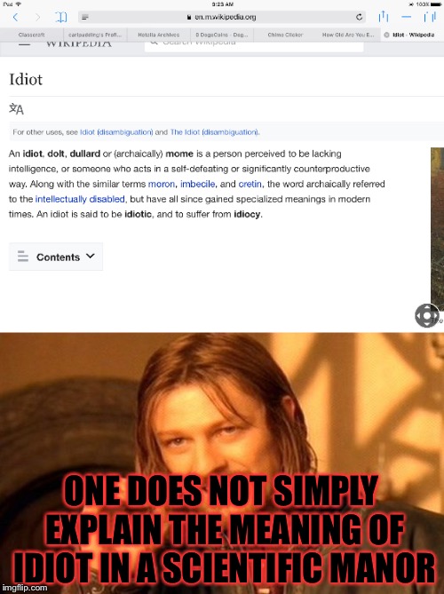 ONE DOES NOT SIMPLY EXPLAIN THE MEANING OF IDIOT IN A SCIENTIFIC MANOR | image tagged in one does not simply,memes,meme,wikipedia,idiot,idiots | made w/ Imgflip meme maker