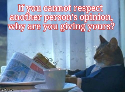 I Should Buy A Boat Cat Meme | If you cannot respect another person's opinion, why are you giving yours? | image tagged in memes,i should buy a boat cat | made w/ Imgflip meme maker
