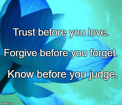 blue flower | Trust before you love. Forgive before you forget. Know before you judge. | image tagged in blue flower | made w/ Imgflip meme maker