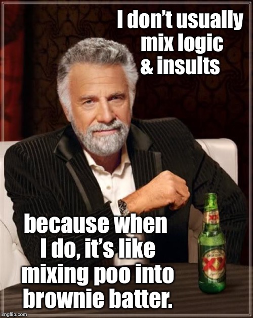 Cyber Debate Rule #57 | I don’t usually mix logic & insults; because when I do, it’s like mixing poo into brownie batter. | image tagged in memes,the most interesting man in the world,insults,argument,brownies | made w/ Imgflip meme maker
