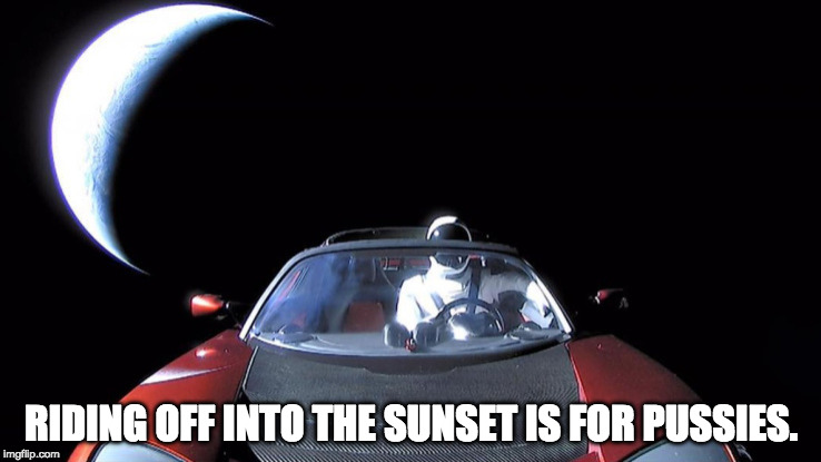 Starman the Bad Ass. | RIDING OFF INTO THE SUNSET IS FOR PUSSIES. | image tagged in starman last selfie,nsfw | made w/ Imgflip meme maker