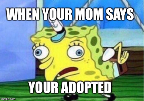 The adopted sponge  | WHEN YOUR MOM SAYS; YOUR ADOPTED | image tagged in memes,mocking spongebob | made w/ Imgflip meme maker