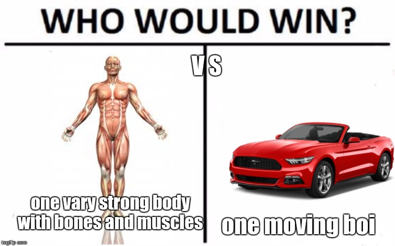 car | V S; one vary strong body with bones and muscles; one moving boi | image tagged in memes,who would win,funny | made w/ Imgflip meme maker