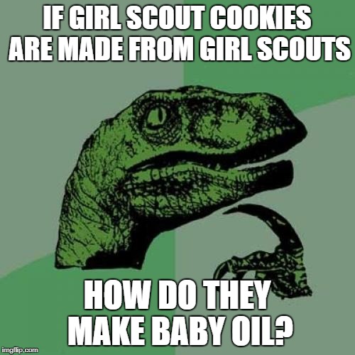 Philosoraptor Meme | IF GIRL SCOUT COOKIES ARE MADE FROM GIRL SCOUTS HOW DO THEY MAKE BABY OIL? | image tagged in memes,philosoraptor | made w/ Imgflip meme maker